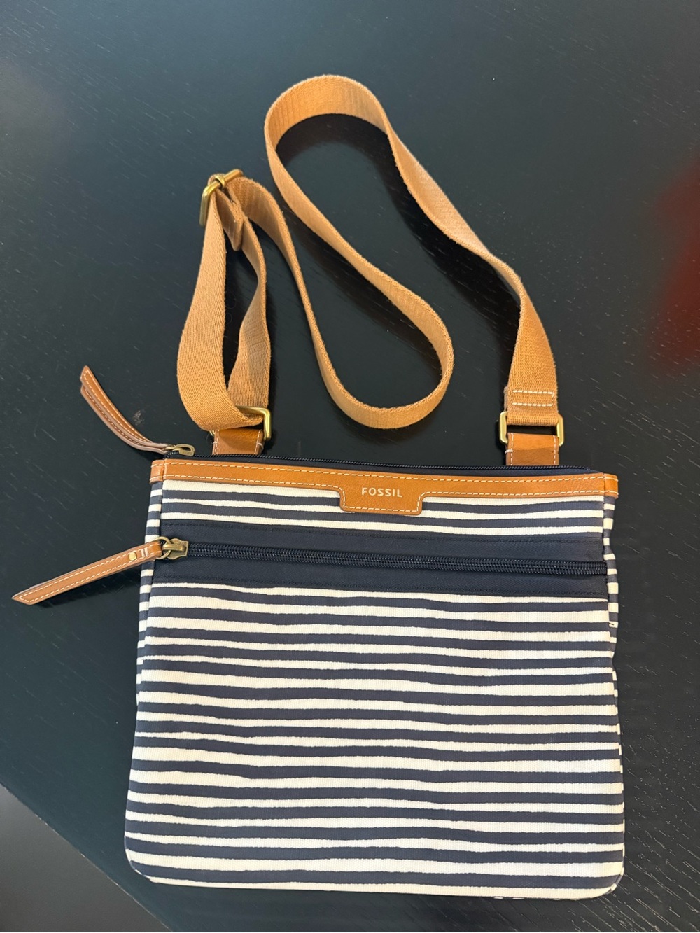 Fossil Navy and White Striped Crossbody with Tan Trim